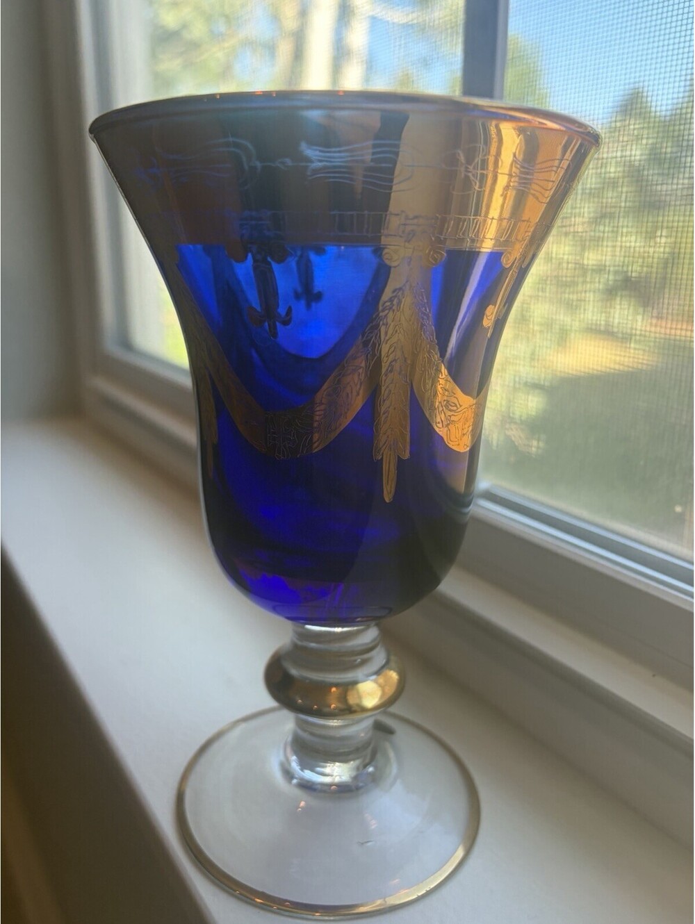 Arte Italica Medici Cobalt Blue Gold Gilded Crystal Glass Goblet 24K EUC